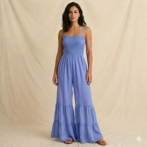 MainStrip Blue Cotton Boho Jumpsuit Flair Legs Ruffles Size L